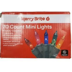Merry Brite 70 Mini Lights – Color Bulbs – Green Wire – 15 Ft